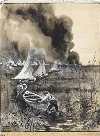 HARRY FENN (1845-1911) Pushing through the Everglades / Burning Saw Grass. (HARPERS)